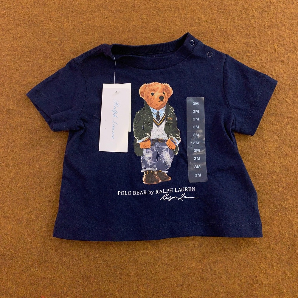 Ralph Lauren Baby 3M Navy Blue Polo Bear Graphic Short Sleeve T-Shirt NWT *Flaw